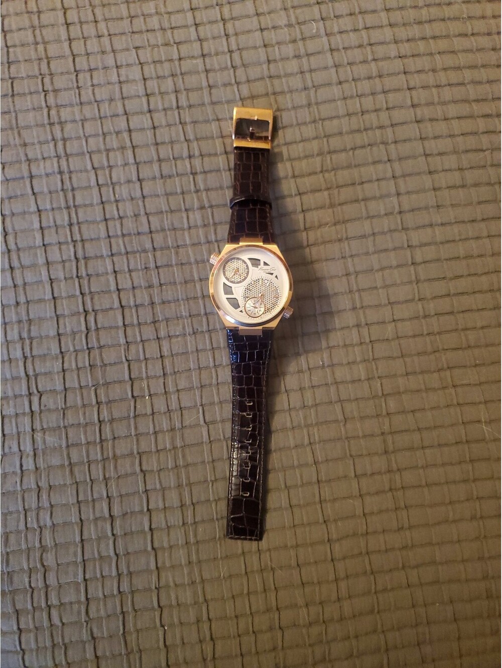 Kenneth Cole KC1715 Men’s DUAL TIME Rose Golden Skeleton Dark Brown Strap Watch